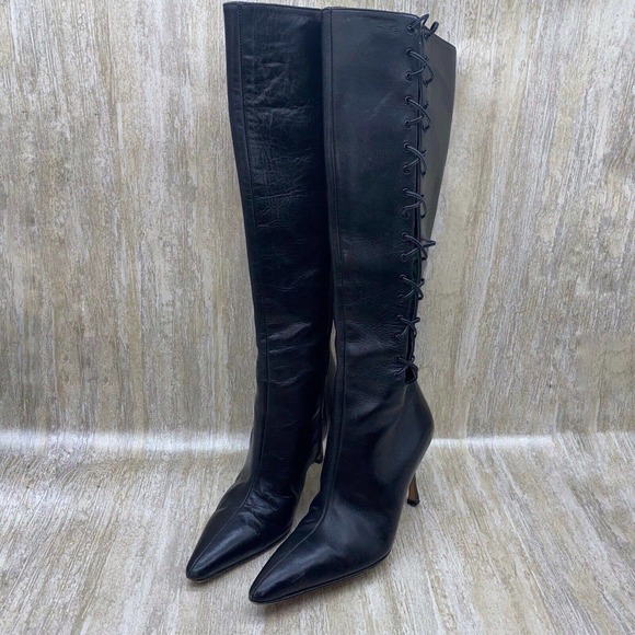 Manolo Blahnik Shoes - Manolo Blahnik Black Leather Pointed Stiletto Biker Boots Size 35/Italian 5 US